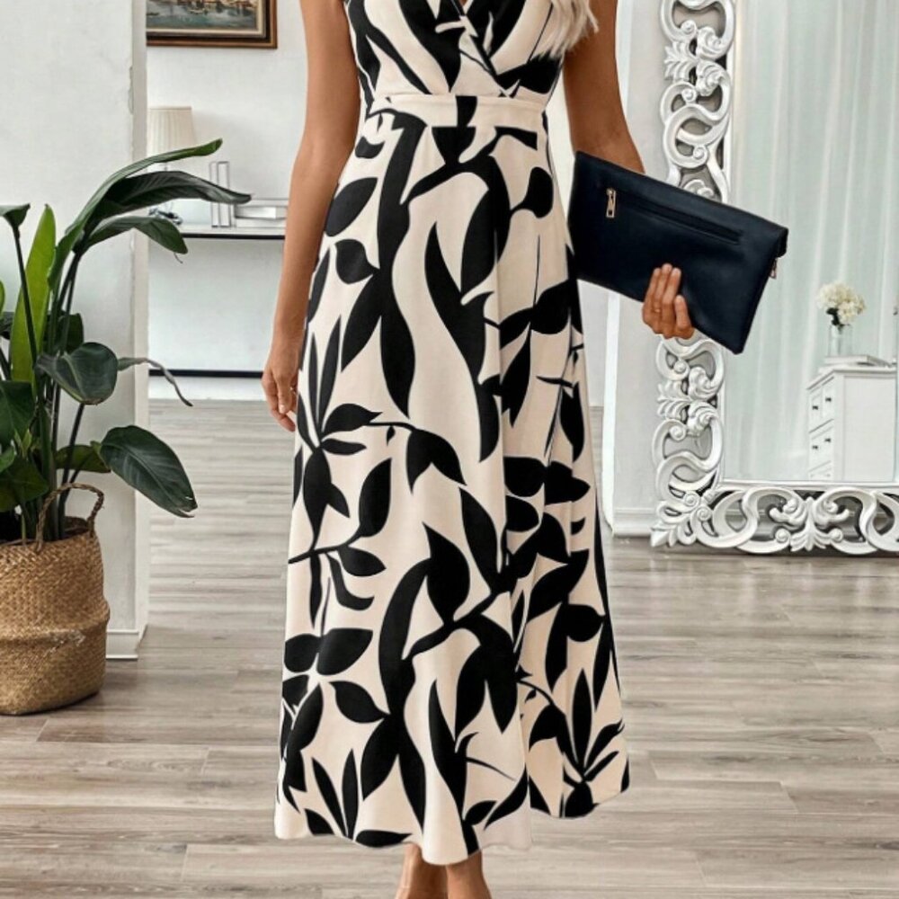 Black & White Leaf Wrap Midi Dress – Surplice Fit, Cap Sleeves (Sizes S–XL, NWT)